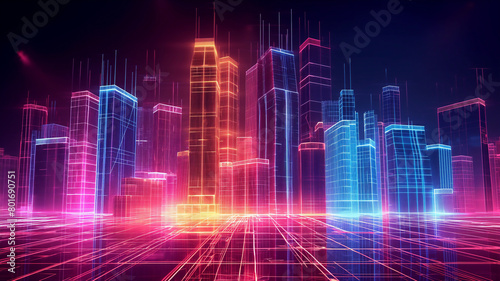 Vibrant digital cityscape with neon lights depicting futuristic skyscrapers in a virtual reality setting © Ritthichai