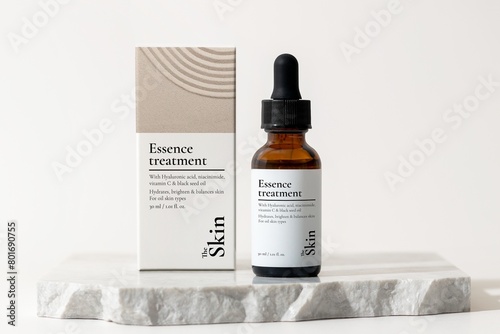 Foto Beauty serum dropper bottle, white paper box, skincare product packaging