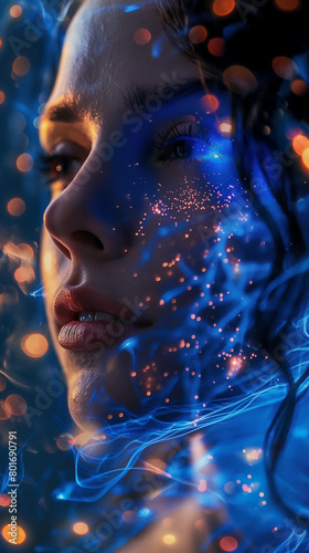 Close-up of a woman's face illuminated by mesmerizing blue light and floating sparkles, evoking a magical aura.