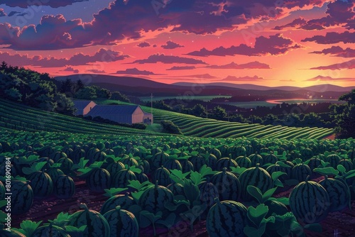 Craft a digital painting showcasing a vast, panoramic vista of a watermelon farm at twilight, capturing the shadows and highlights in a photorealistic style