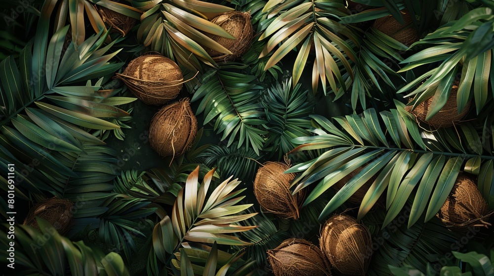 Obraz premium Craft a stunning digital artwork from a birds-eye perspective showcasing a cluster of coconuts nestled among emerald leaves in a dense, tropical forest Enhance the image with realistic textures and vi