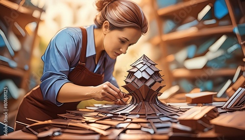 An artist in a studio, intently working on a sculpture made from recycled metal pieces.  photo