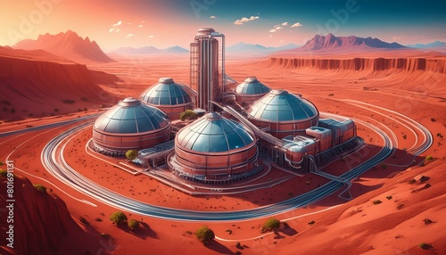 An imaginative depiction of a recycling plant on Mars, processing materials for colony  photo