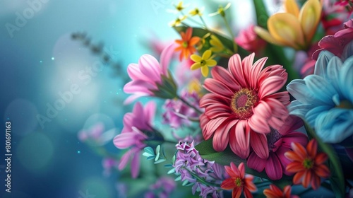 Craft a stunning, photorealistic 3D rendering of a bouquet at a skewed perspective, highlighting the unique textures and colors of each flower with precision photo