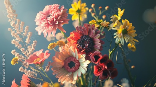 Craft a stunning, photorealistic 3D rendering of a bouquet at a skewed perspective, highlighting the unique textures and colors of each flower with precision photo