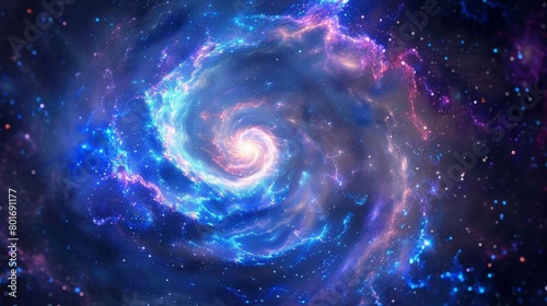 Craft a stunning, photorealistic digital illustration of a spiral galaxy, prominently displaying vibrant hues of blue, purple, and pink, with swirling nebulae and twinkling stars in high detail