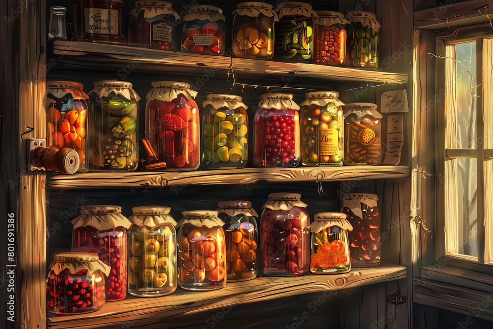 The image shows a wooden shelf filled with various jars of canned food