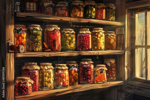 The image shows a wooden shelf filled with various jars of canned food photo