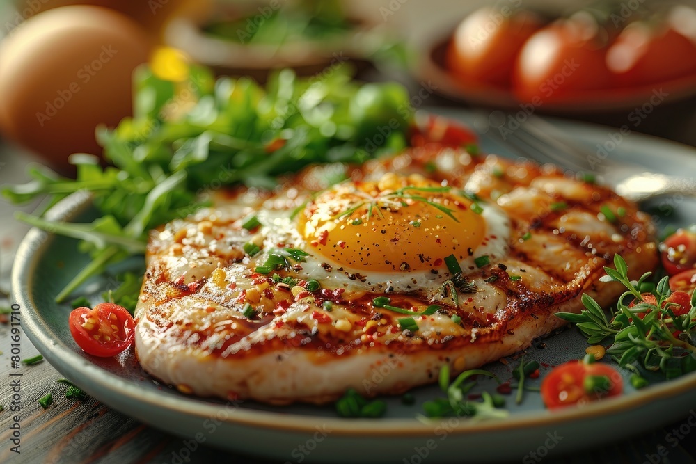 A delicious and nutritious breakfast of steak and eggs, garnished with fresh herbs and vegetables. A delicious and nutritious breakfast of steak and eggs, garnished with fresh herbs and vegetables.