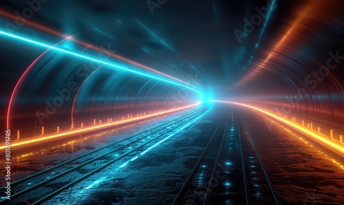 A dark tunnel with blue and orange glowing rails and lights photo
