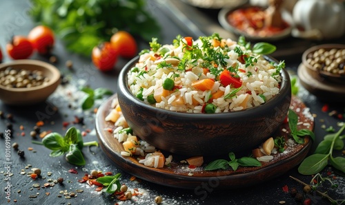 A photo of a bowl of delicious vegetable rice pilaf with fresh herbs on top.
