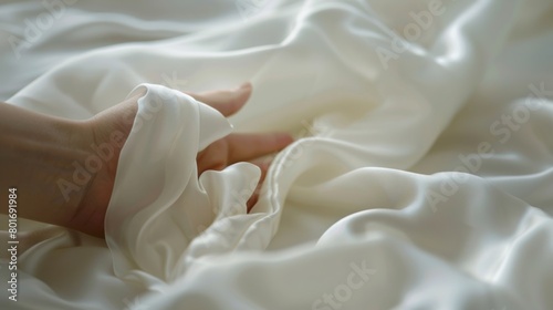 A person gently running their hand over a silk pillowcase marveling at its soft and smooth texture. photo