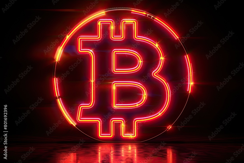 Red glowing bitcoin cryptocurrency symbol on dark background Red glowing bitcoin cryptocurrency symbol on dark background