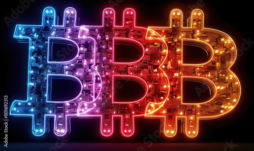 Circuitry bitcoin symbols in blue, pink and orange hues.