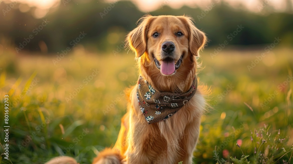 Bandana-wearing dog lounging on grass