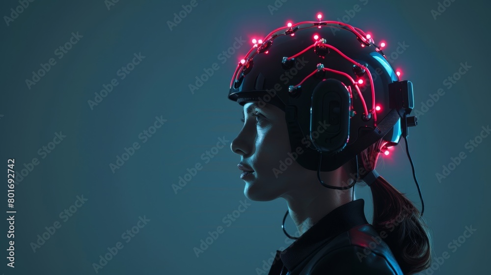 A person wearing a helmet with electrodes attached to their head symbolizing the collection of neural data for biometric identification.. A person wearing a helmet with electrodes attached to their head symbolizing the collection of neural data for biometric identification..