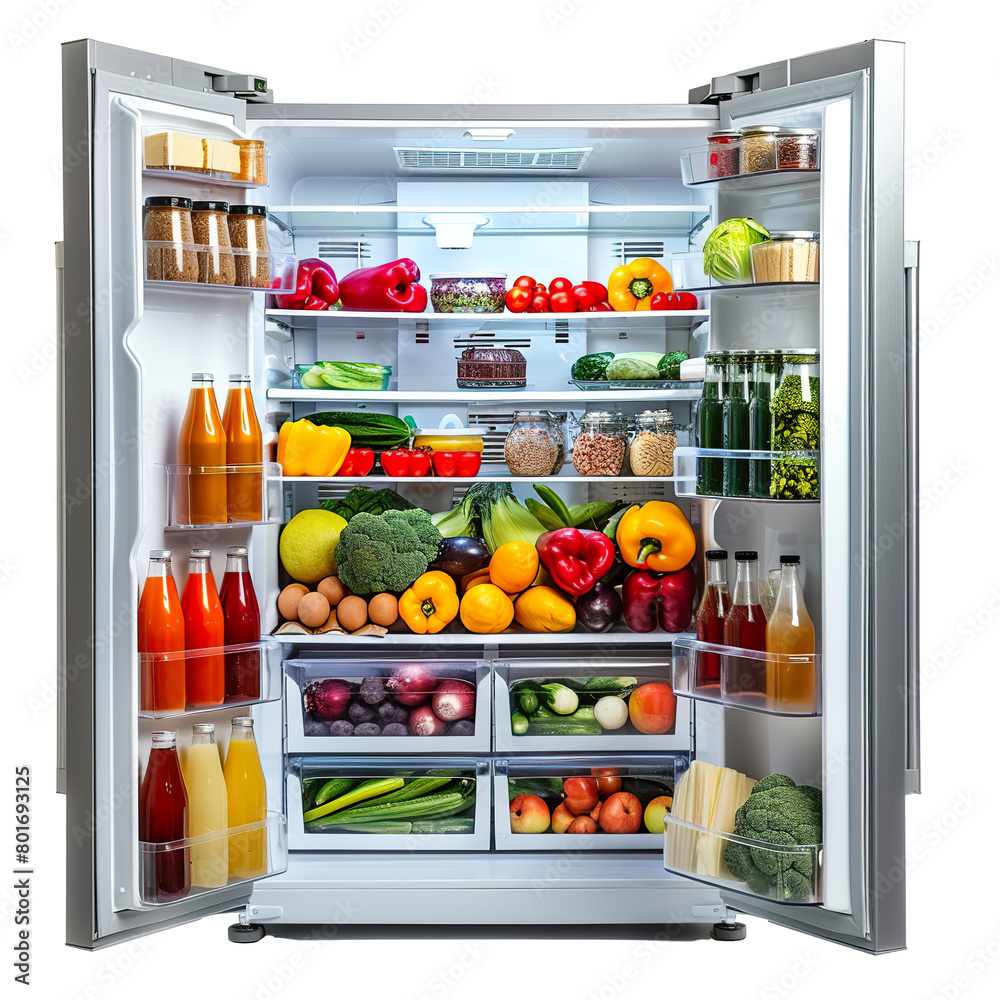 modern refrigerator with door open, filled with very less different food, white background PNG modern refrigerator with door open, filled with very less different food, white background PNG