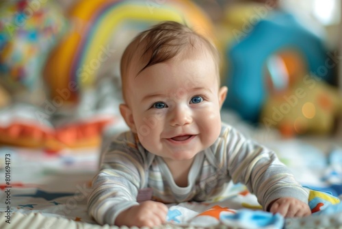 Baby smiling on stomach on colorful mat