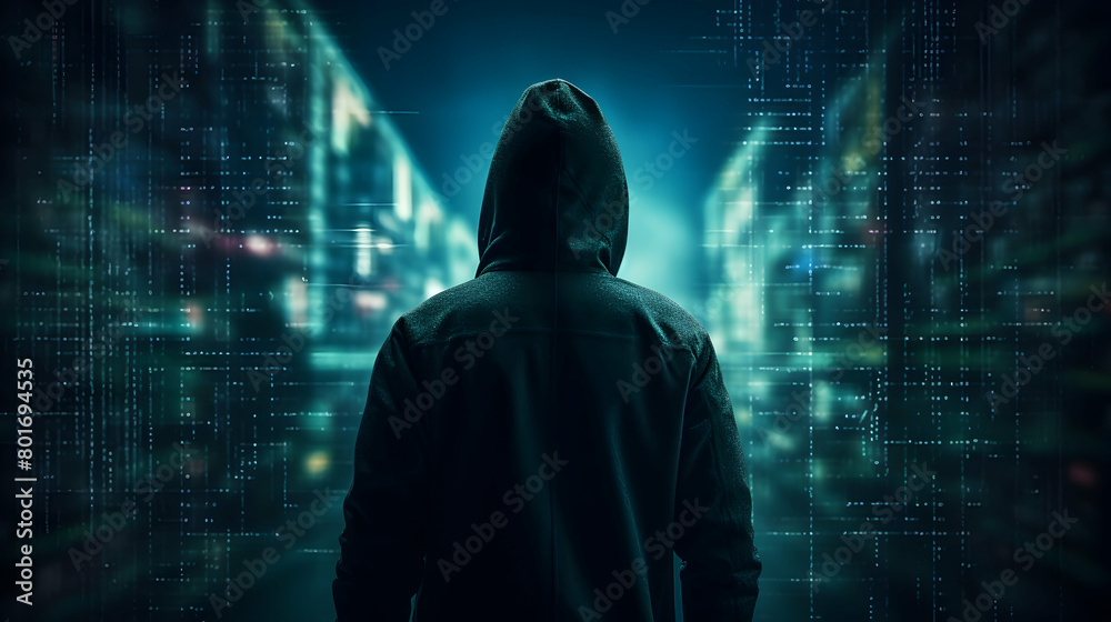 A hacker's shadowy figure with a distorted digital background, A hacker's shadowy figure with a distorted digital background,