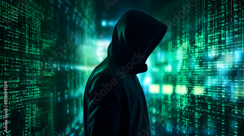 A hacker's shadowy figure with a distorted digital background,
