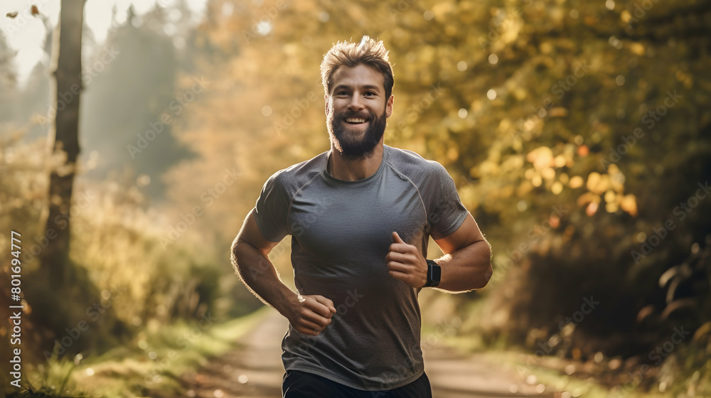 A joyful runner on a scenic trail, A joyful runner on a scenic trail,