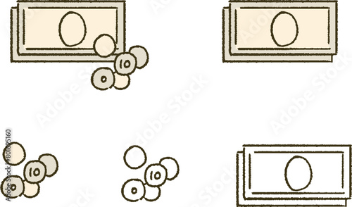 シンプルなタッチ　お札と小銭の現金のイラストセット