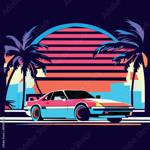 a 80s miami glow car, vector illustration flat 2 © Gear Digital