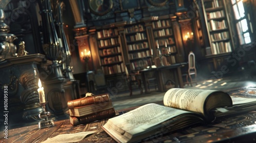 In a forgotten corner of a grand library an aged scribe carefully unveils a mysterious scroll its delicate parchment bearing faded . .