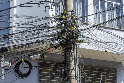 Tangled electrical wiring on a street pole in Juiz de Fora, state of Minas Gerais, Brazil photo