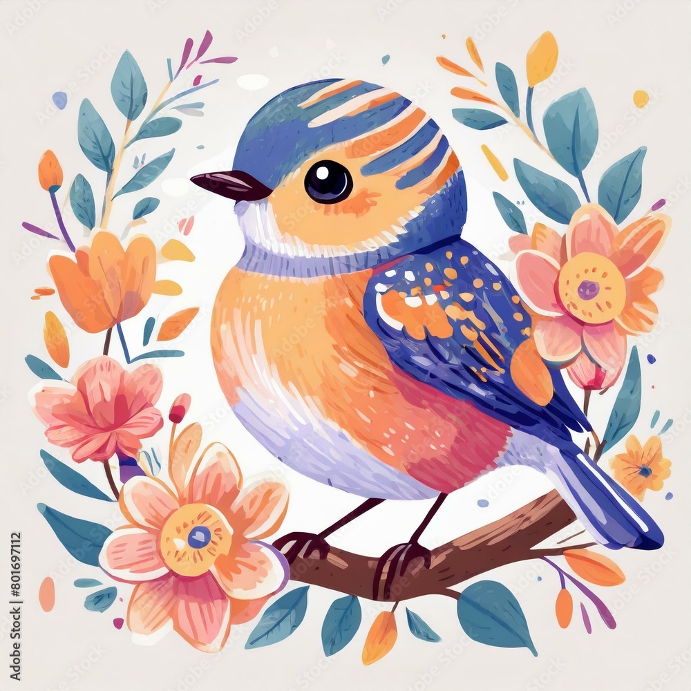 Cute bird and colorful flowers
