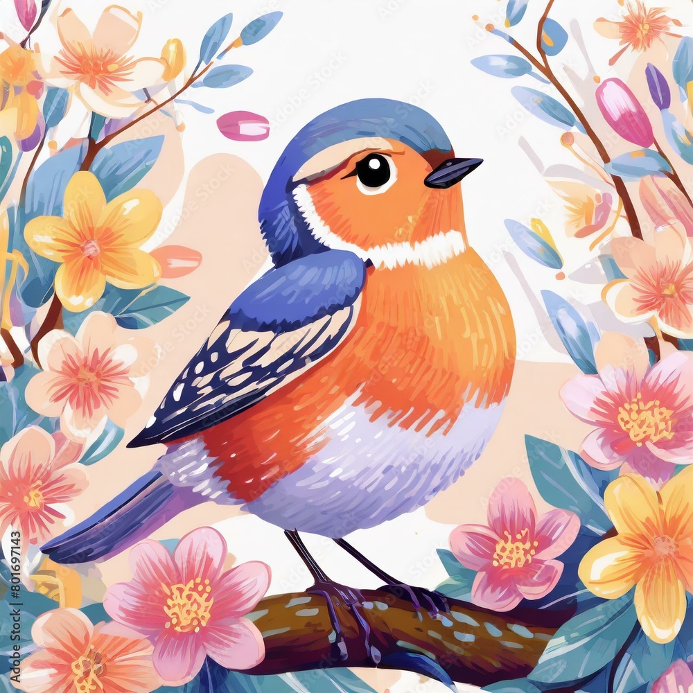 Cute bird and colorful flowers