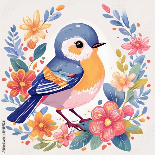 Cute bird and colorful flowers © Ink