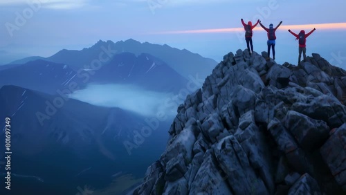 Three hikers stand victorious atop rocky outcropping, arms raised in celebration of successfully summiting mountain. Vast misty range stretches before them, softly lit by breaking dawn.  photo