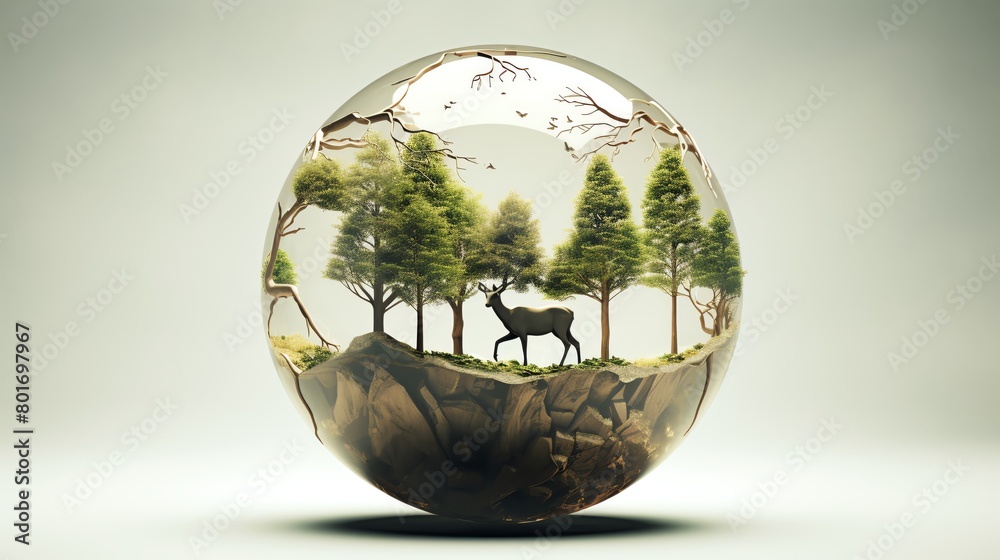 Artistic double exposure representation in 3D of a globe with a trees roots wrapping around it and animal shadows merging into the continents perfect for educational materials on ecology