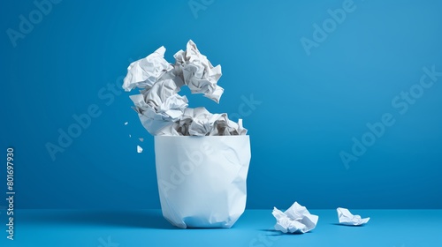 An action shot of a crumpled paper ball midtoss towards a waste bin set against a solid blue background to emphasize motion and simplicity in office settings