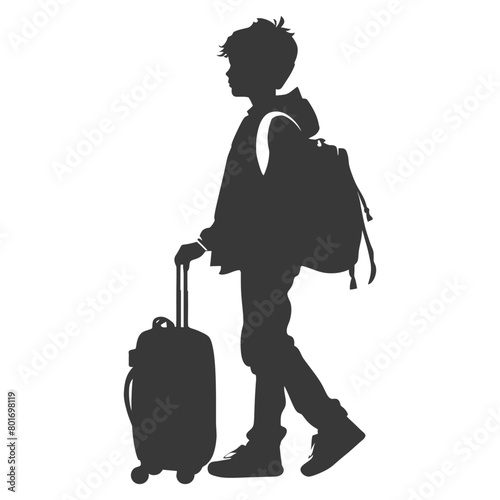 silhouette boy traveling with suitcase silhouette full body black color only