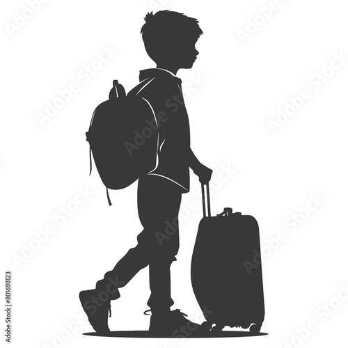 silhouette boy traveling with suitcase silhouette full body black color only