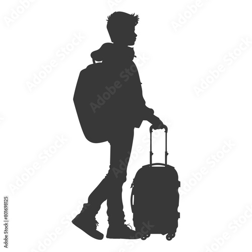 silhouette boy traveling with suitcase silhouette full body black color only