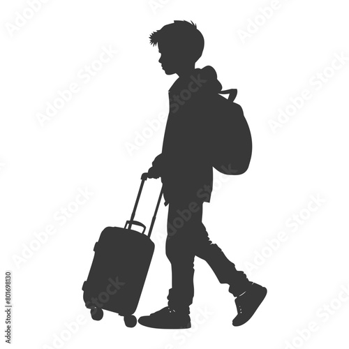 silhouette boy traveling with suitcase silhouette full body black color only