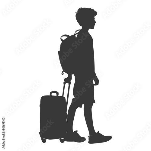silhouette boy traveling with suitcase silhouette full body black color only
