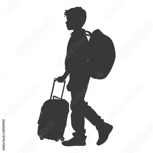 silhouette boy traveling with suitcase silhouette full body black color only