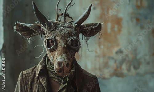 Mysterious figure in disguise with deer head mask standing in decaying room photo