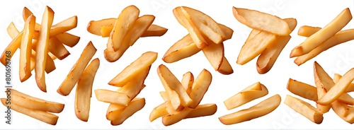  Set of flying delicious potato fries, isolated on white background, cut out 