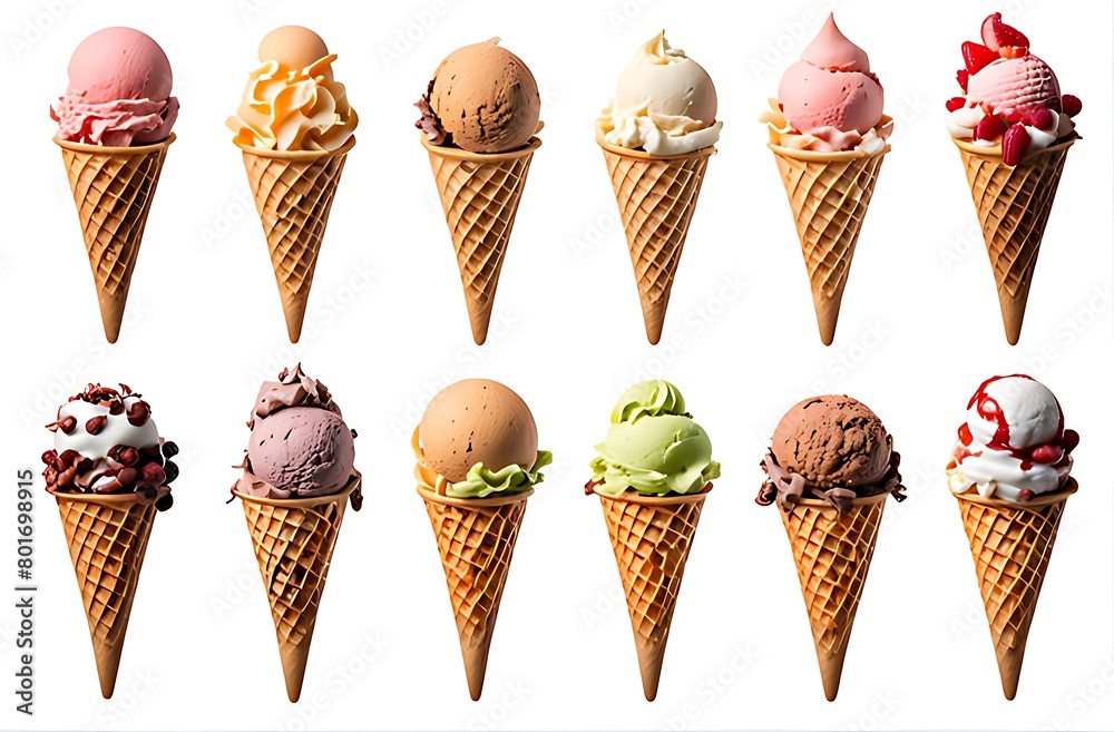 set of Ice cream scoop on waffle cone cutout Many assorted different flavour set of Ice cream scoop on waffle cone cutout Many assorted different flavour