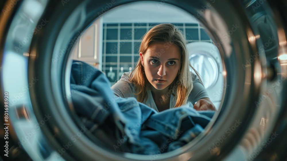 Woman putting clothes in the washing machine Woman putting clothes in the washing machine
