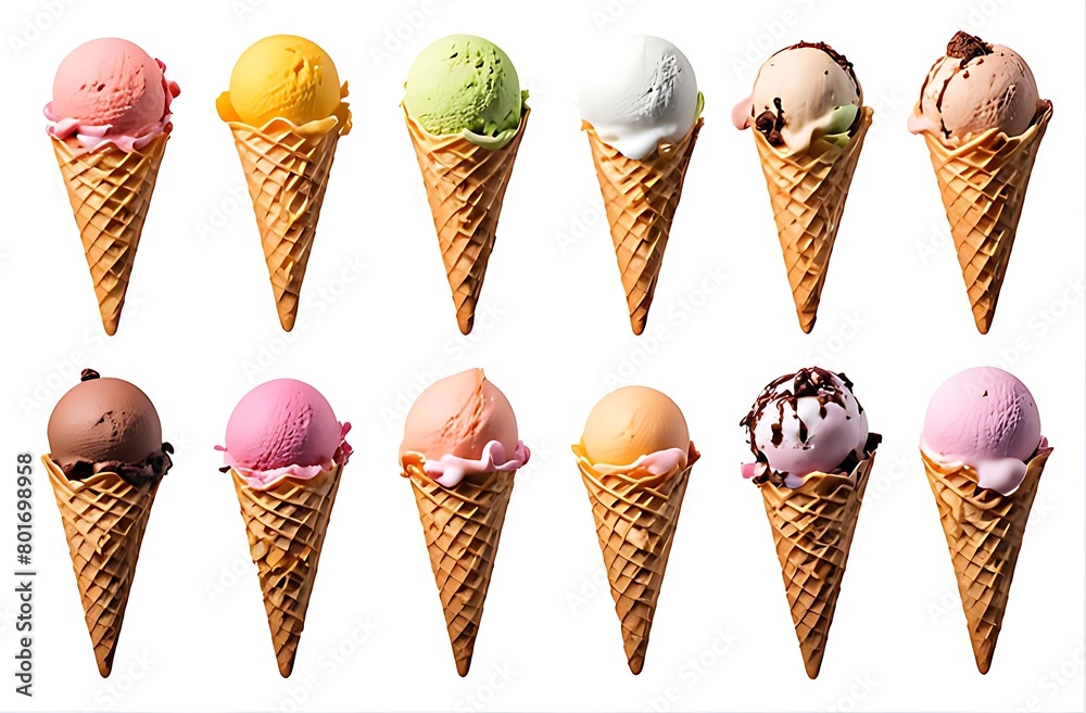 set of Ice cream scoop on waffle cone cutout Many assorted different flavour set of Ice cream scoop on waffle cone cutout Many assorted different flavour