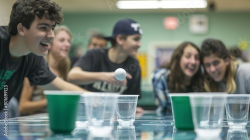 A game of beer pong is rep with a game of ball toss where students toss a ball into cups filled with water instead of alcohol. photo