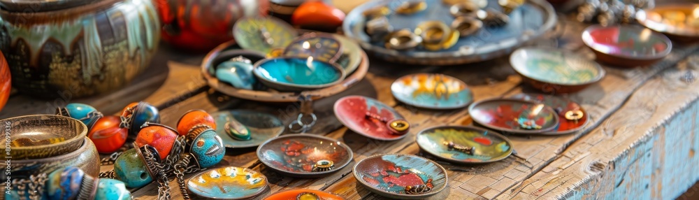 Artisan creating unique jewelry from recycled metals and glass, displaying an array of colorful, sustainable pieces Artisan creating unique jewelry from recycled metals and glass, displaying an array of colorful, sustainable pieces