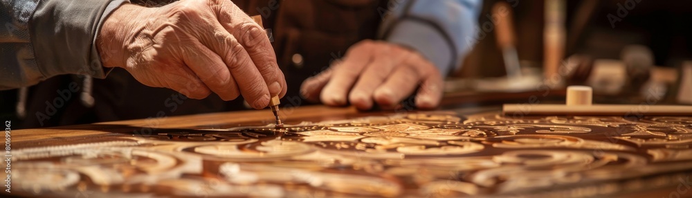 Artisan woodworker fitting intricate marquetry on a luxury wardrobe, displaying craftsmanship and attention to detail Artisan woodworker fitting intricate marquetry on a luxury wardrobe, displaying craftsmanship and attention to detail