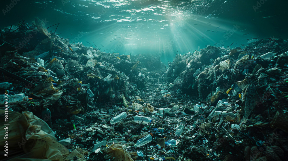 Fototapeta premium A murky ocean with plastic debris floating in it